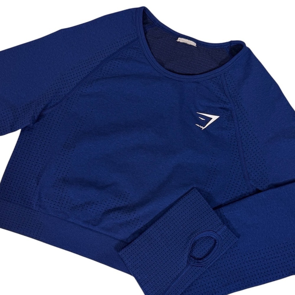 Gymshark Vital Seamless 2.0 Long Sleeve Crop Top Navy Blue Marl Thumbholes Small